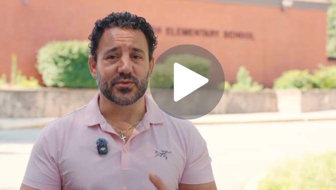 Lawrence Almagno speaking outside a Rhode Island elementary school
